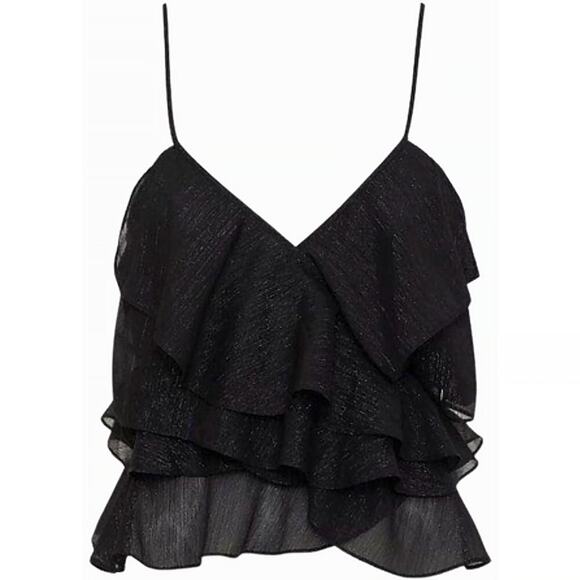 Rumored Black Sparkle Ruffle Cami Tank Top Large Tiered Tango V Neck‎ Crop Shirt - Picture 1 of 5
